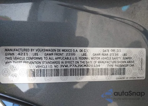 2012 Volkswagen Jetta 2.5L Sel из США, поврежденный, VIN 3VWLP7AJ9CM320134